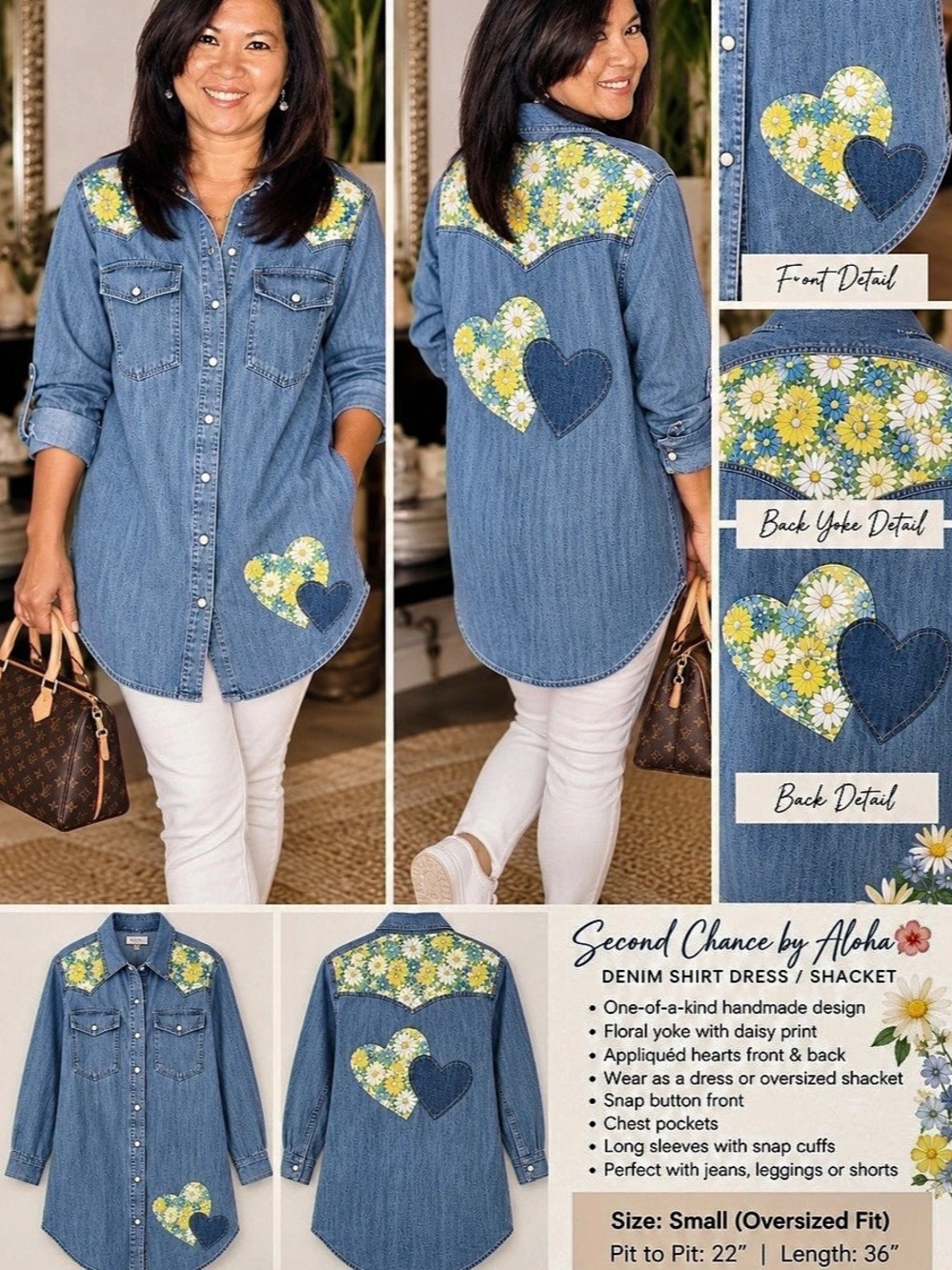 🌼 Second Chance by Aloha Floral Denim Shirt Dress / Shacket – Small Oversized